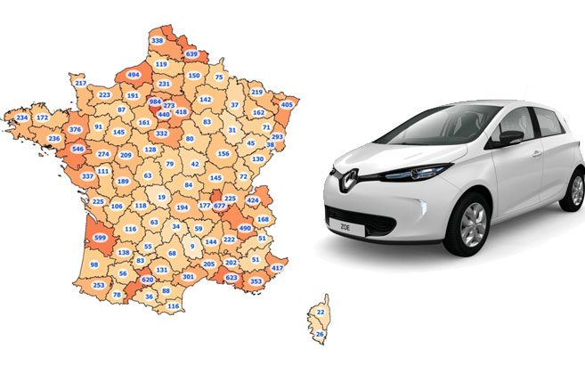 Les immatriculations de voitures électriques par département en France en 2016