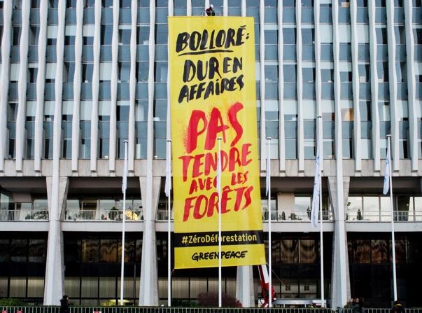 Déforestation : Greenpeace déploie une banderole devant le siège de Bolloré