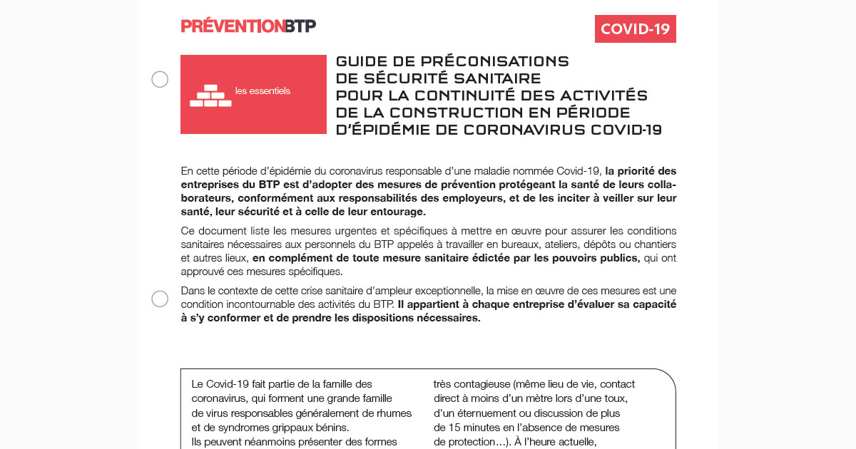 Coronavirus : le guide de reprises des chantiers du BTP est publié 